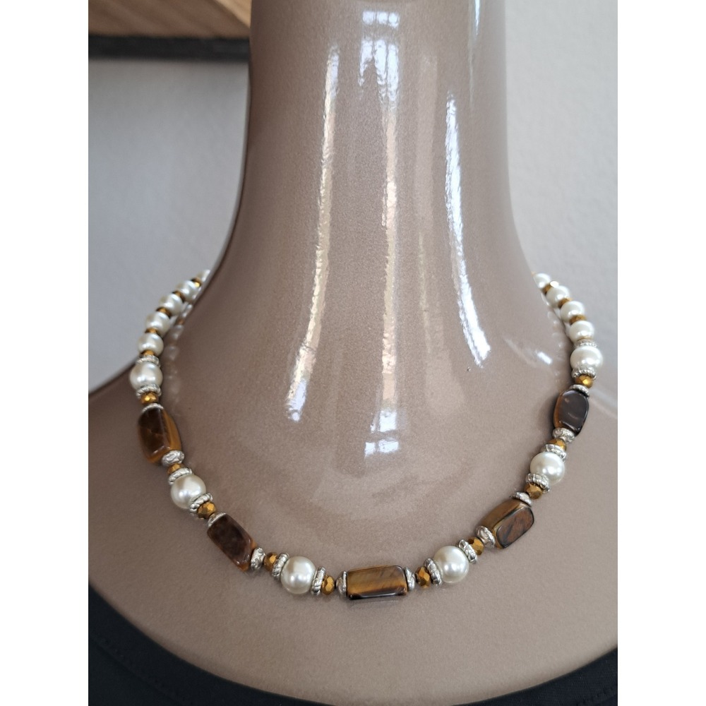 Tigers Eye and Faux Pearl Beaded Necklace Gold Silver Tone Mixed Metal Boho